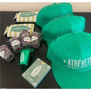 Hornitos branded (5)shot glass necklaces (2) koozie (3) hats (1)cards Mardi Gras